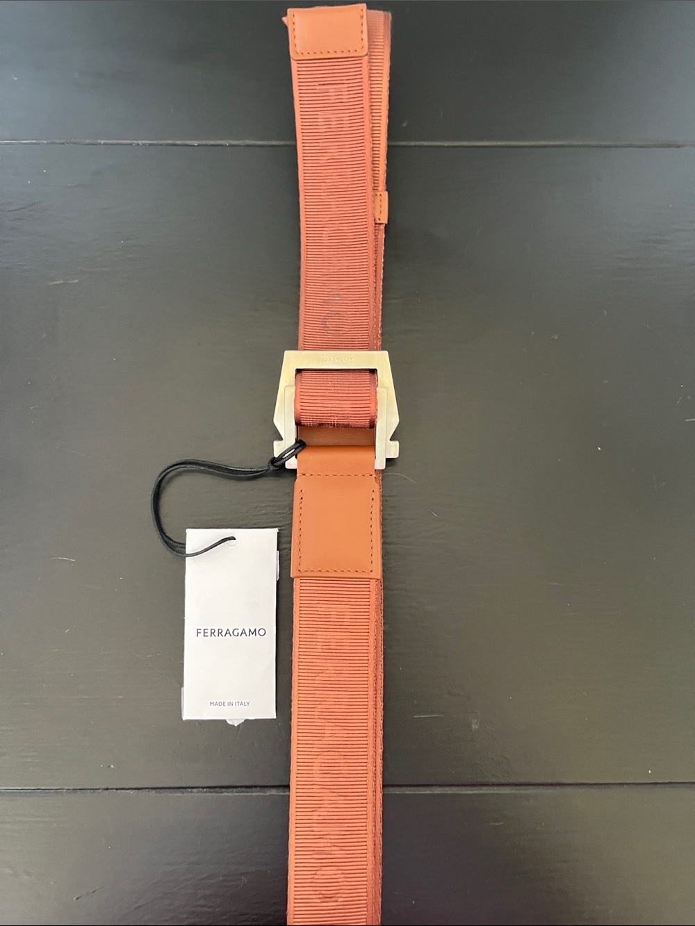 Mens Ferragamo Cognac Ribbed Nylon Belt with Double Silver Square Ring Buckle.